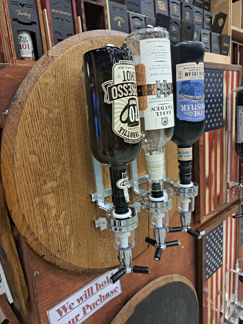 Whiskey Barrel Top 3-Bottle Liquor Dispenser – Repurposed Barrel Wall Mount