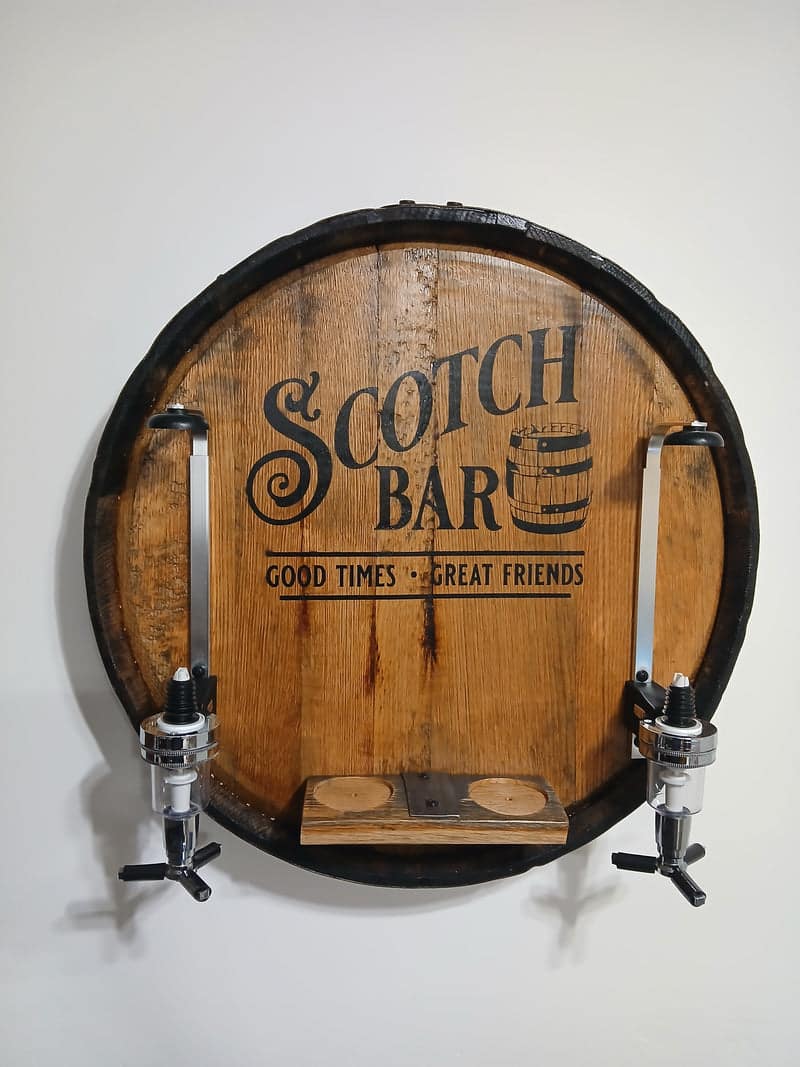 Scotch Bar Barrel Top Liquor Dispenser – Handcrafted Whiskey Barrel Wall Mount