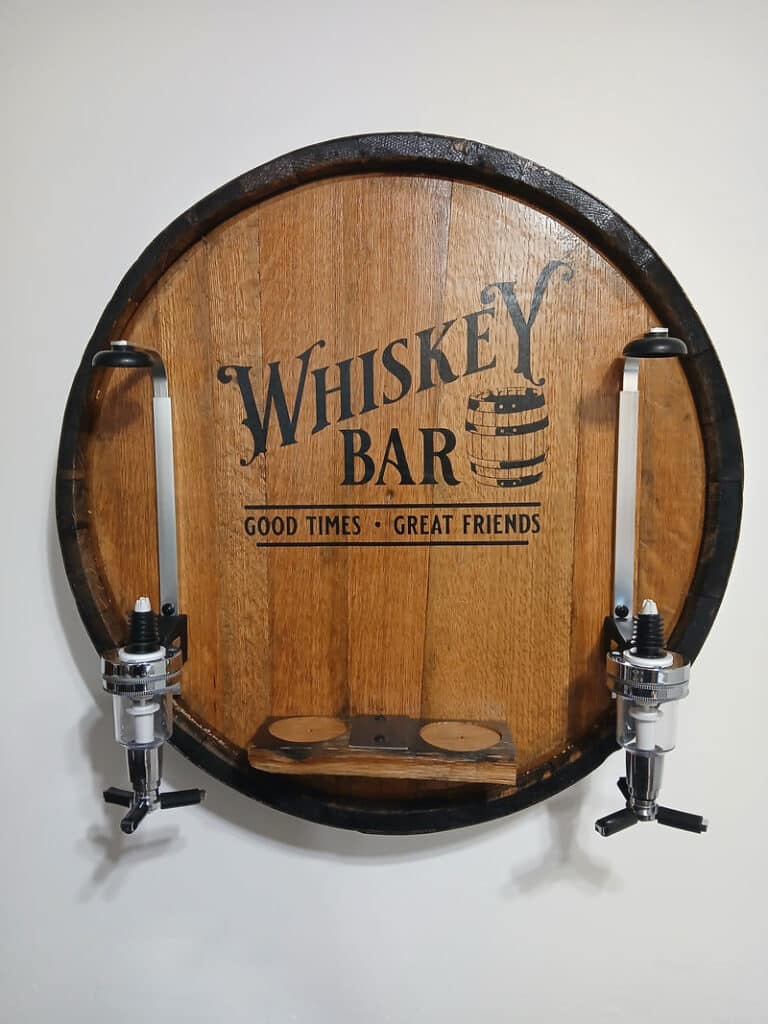 Barrel Top Liquor Dispenser – Rustic Repurposed Whiskey Barrel Wall Mount