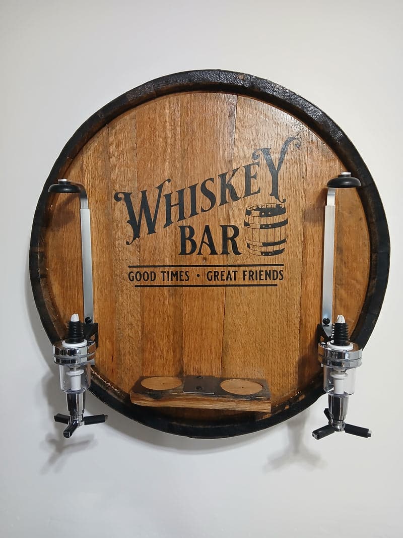 Barrel Top Liquor Dispenser – Rustic Repurposed Whiskey Barrel Wall Mount