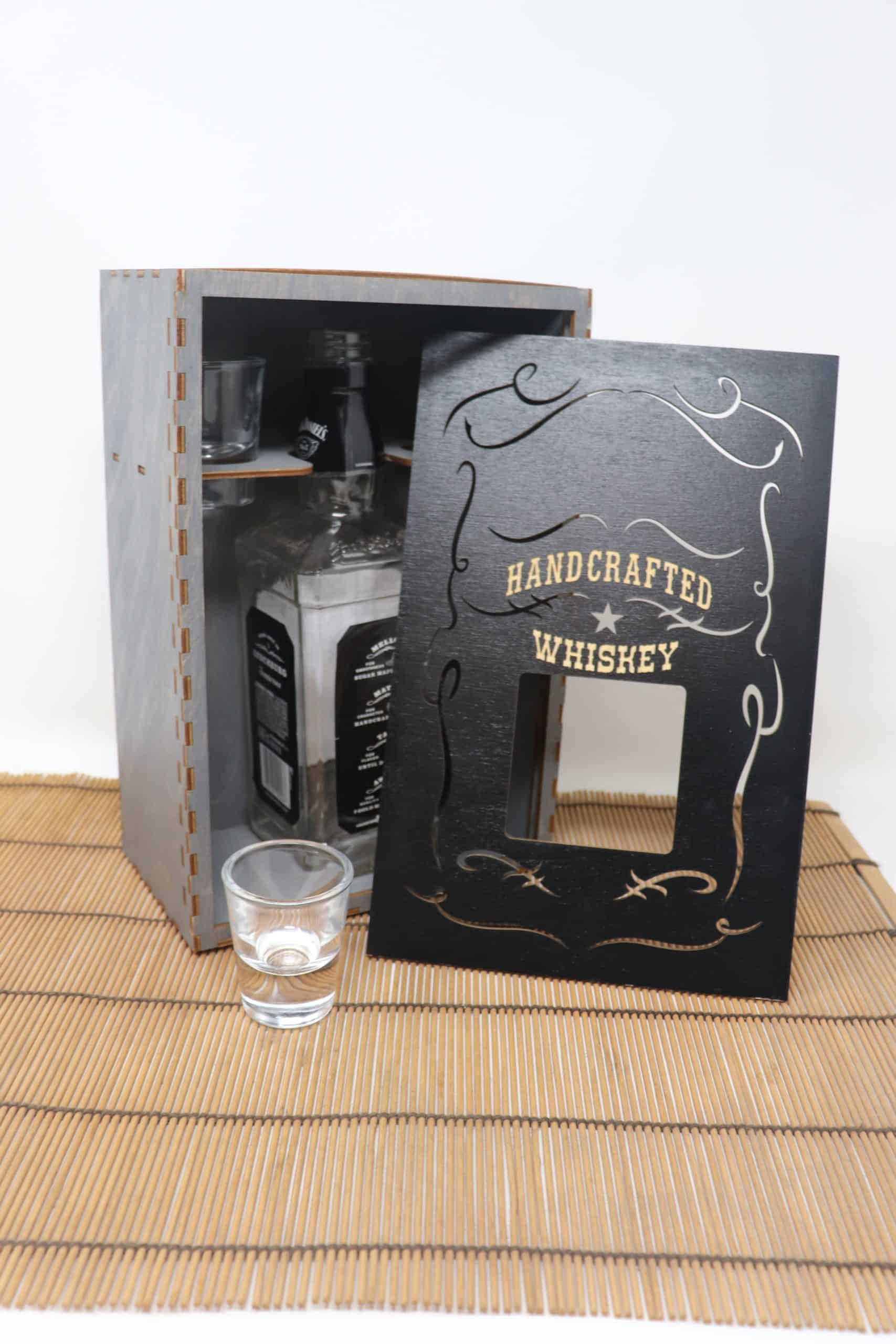 Whiskey Box – Gray | Short 750ml Bottle Display Box with 2 Shot Glasses - Image 2