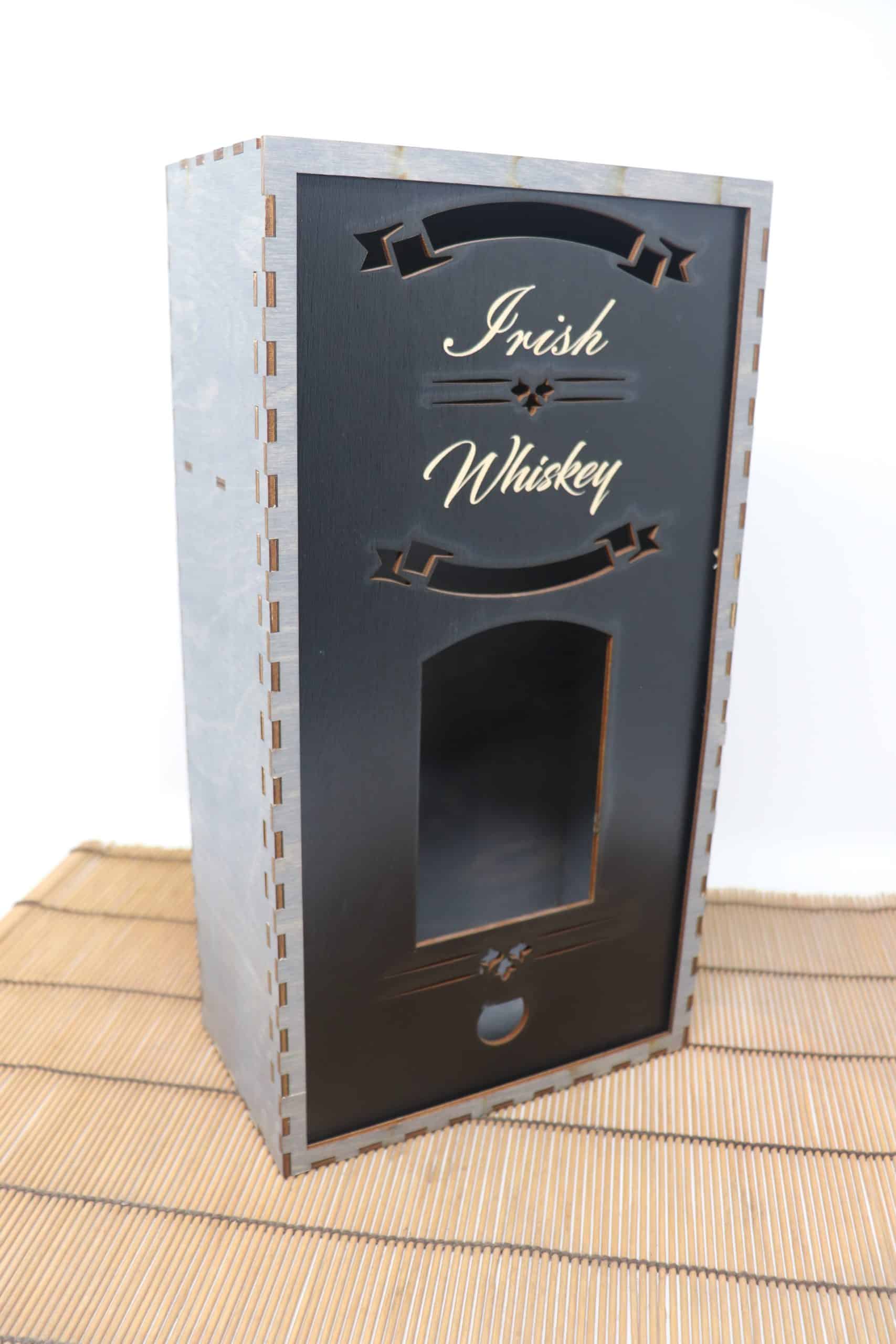 Tall Whiskey Box – Gray | Tall 750ml Bottle Display Box with 2 Shot Glasses