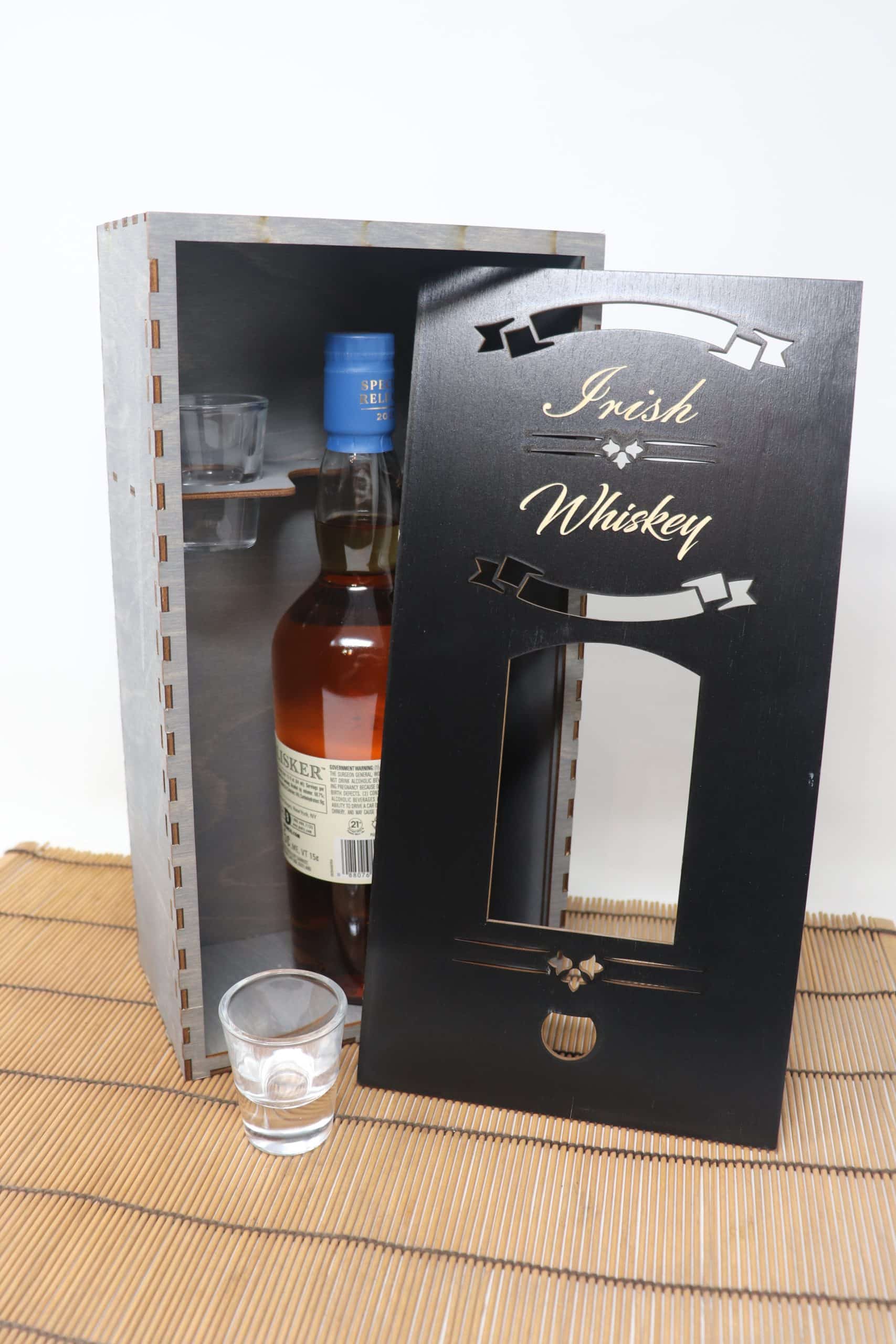 Tall Whiskey Box – Gray | Tall 750ml Bottle Display Box with 2 Shot Glasses - Image 2