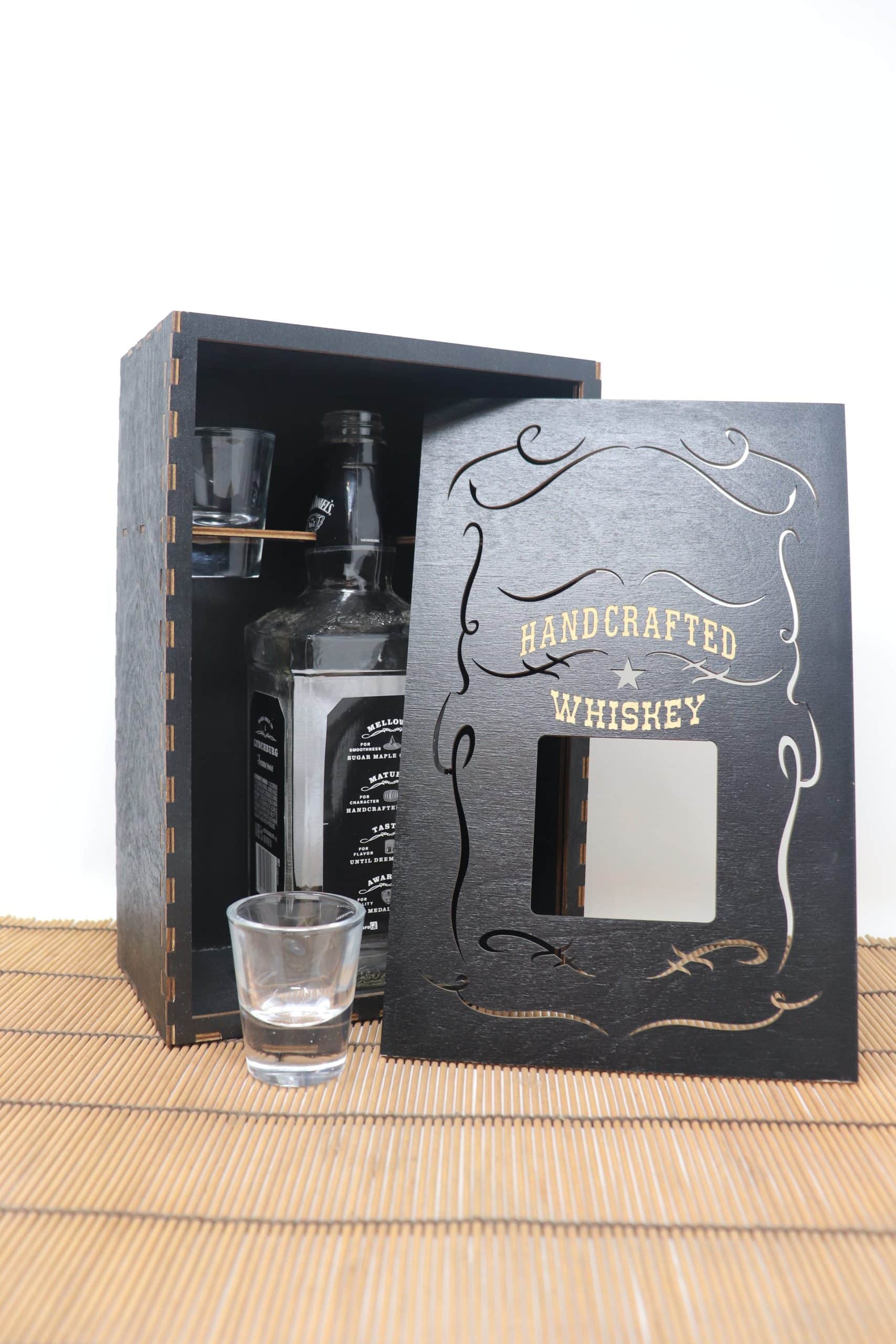Whiskey Box – Black | Short 750ml Bottle Display Box with 2 Shot Glasses - Image 2