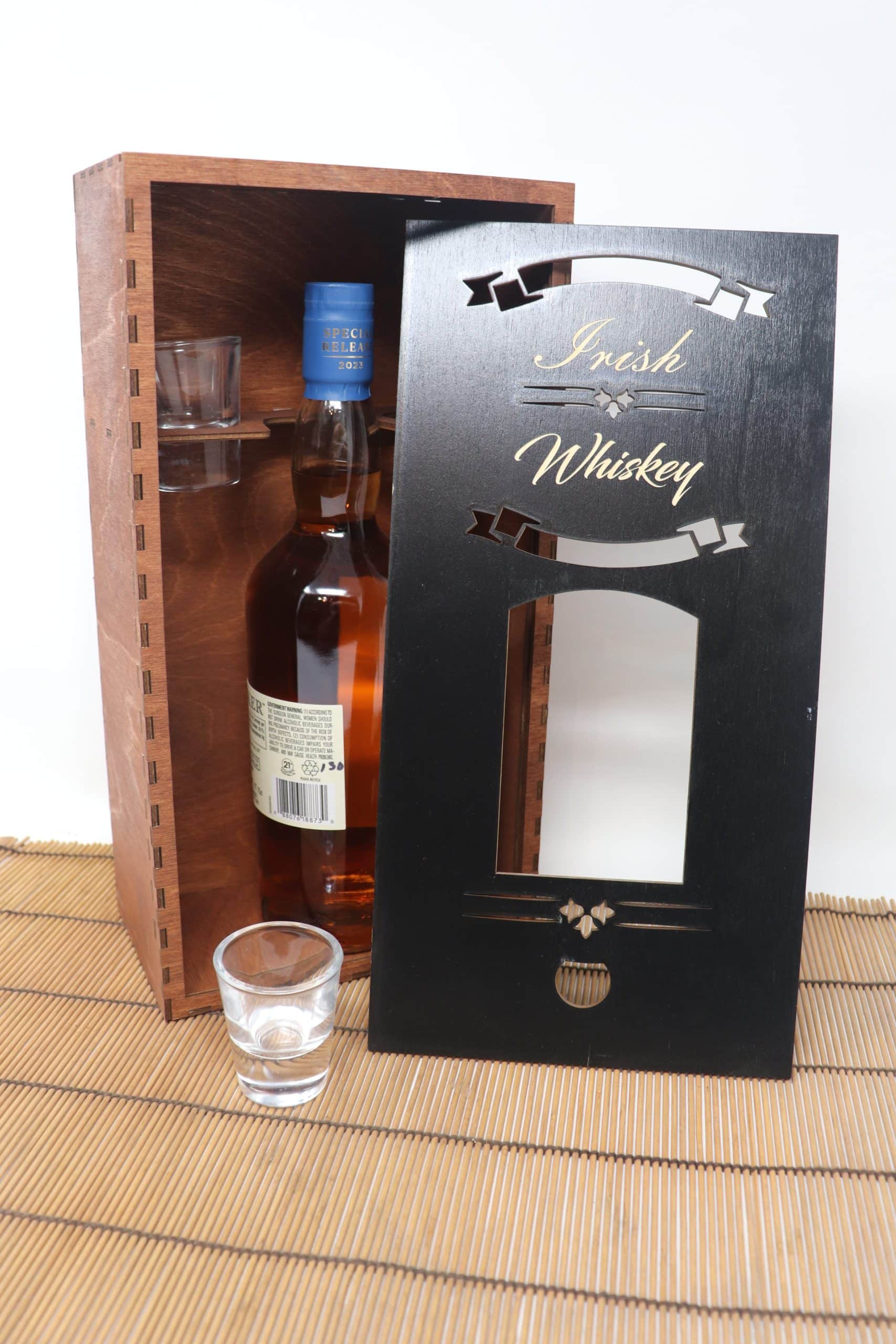 Tall Whiskey Box – Brown | Tall 750ml Bottle Display Box with 2 Shot Glasses - Image 2